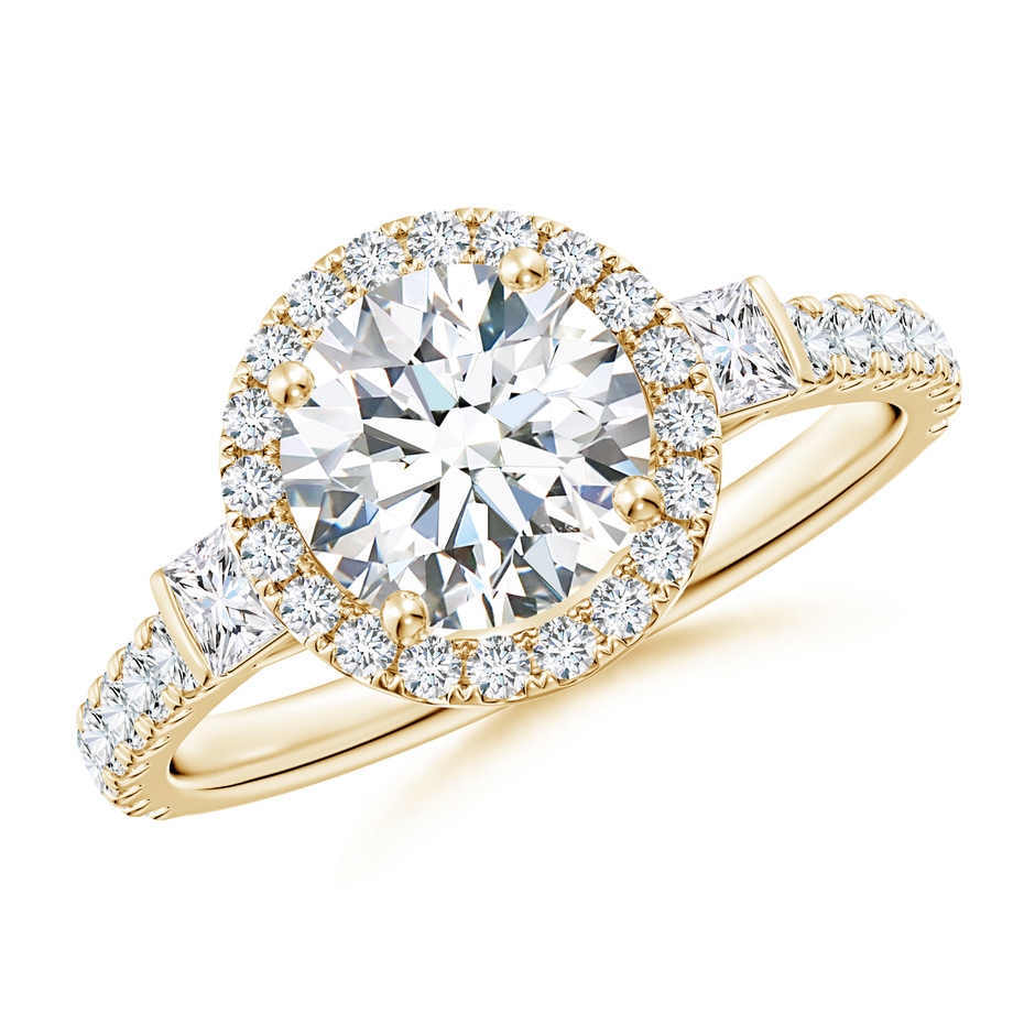7.4mm FGVS Lab-Grown Round Diamond Side Stone Halo Engagement Ring in Yellow Gold 