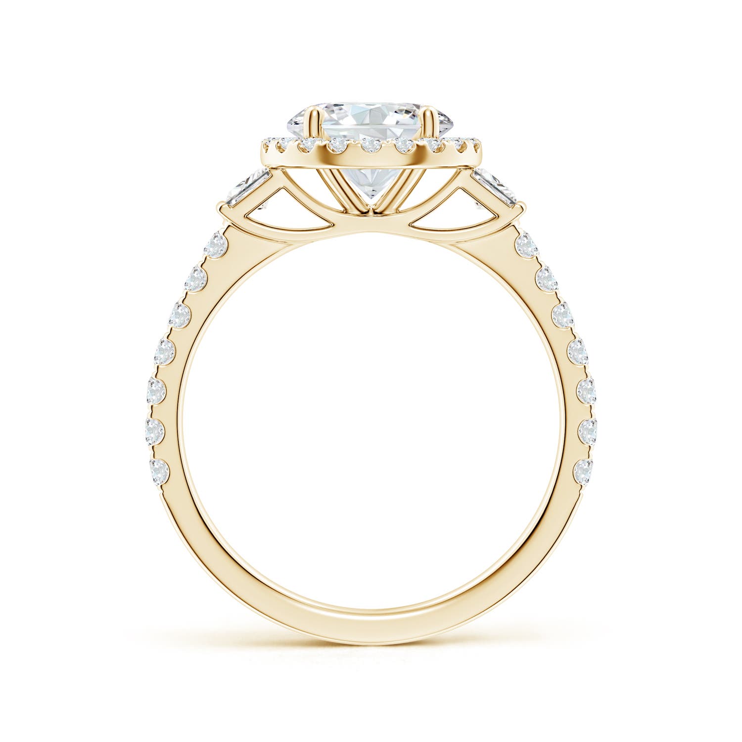 7.4mm FGVS Lab-Grown Round Diamond Side Stone Halo Engagement Ring in Yellow Gold