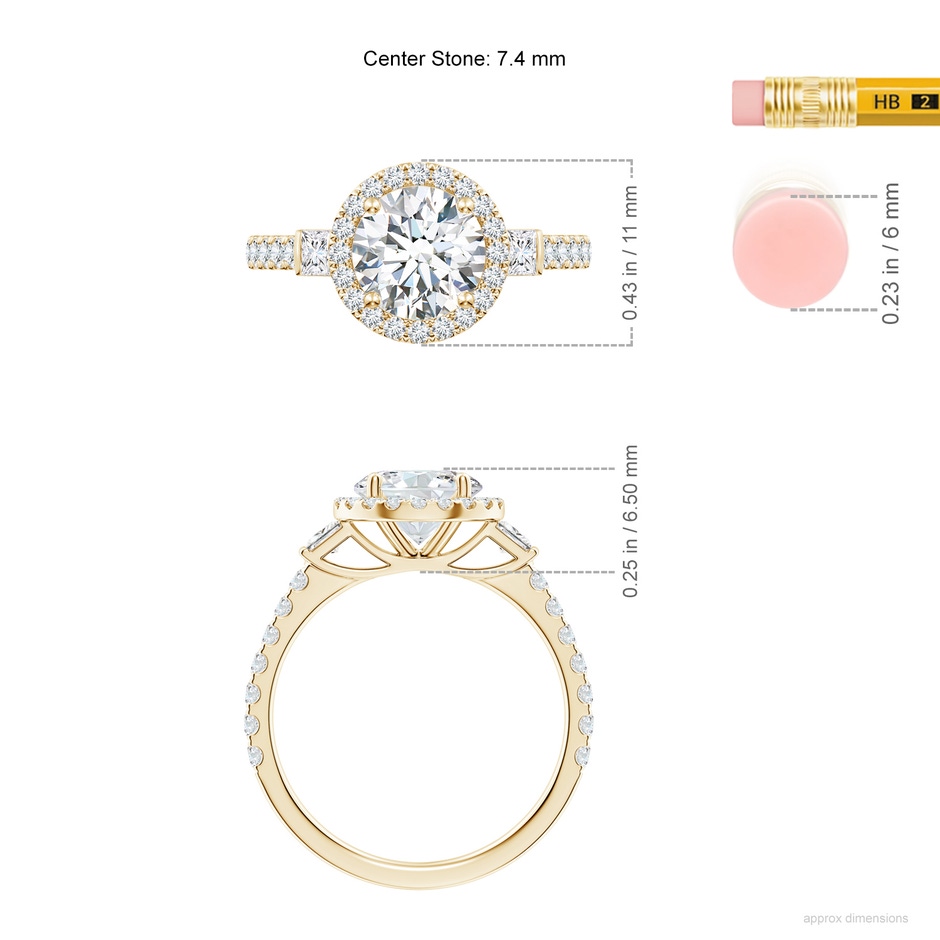 7.4mm FGVS Lab-Grown Round Diamond Side Stone Halo Engagement Ring in Yellow Gold ruler