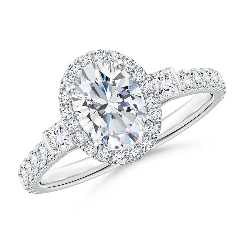 Lab-Grown Oval Diamond Side Stone Halo Engagement Ring