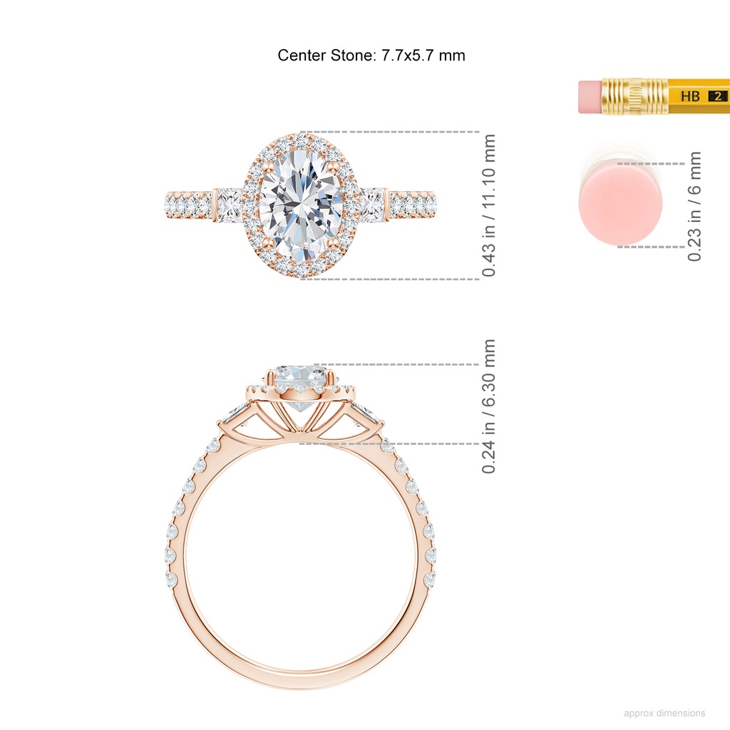 7.7x5.7mm FGVS Lab-Grown Oval Diamond Side Stone Halo Engagement Ring in Rose Gold ruler
