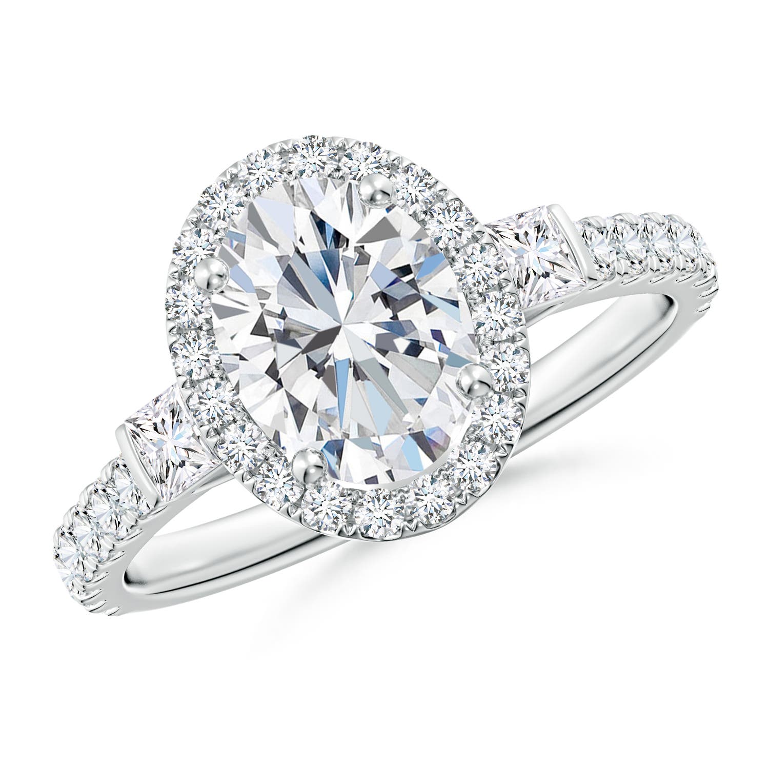 8.5x6.5mm FGVS Lab-Grown Oval Diamond Side Stone Halo Engagement Ring in 18K White Gold