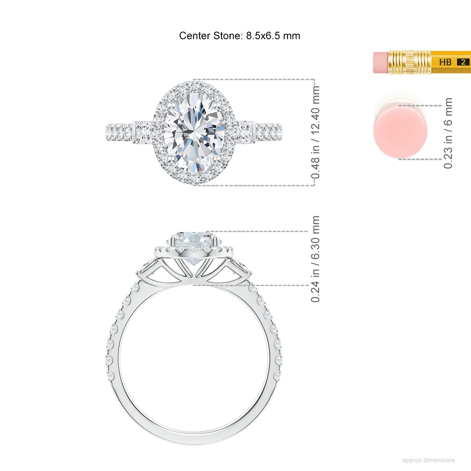8.5x6.5mm FGVS Lab-Grown Oval Diamond Side Stone Halo Engagement Ring in P950 Platinum ruler