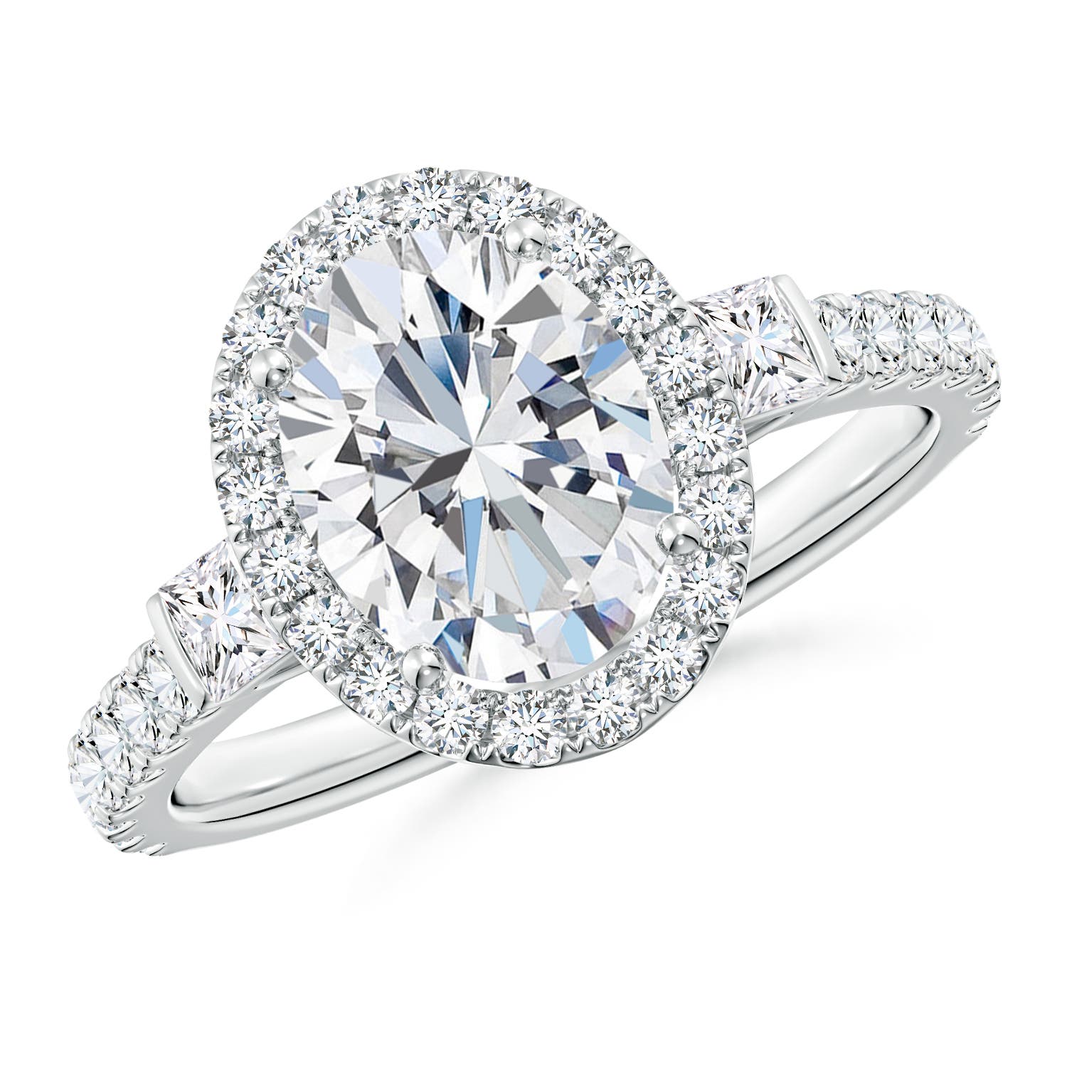 9x7mm FGVS Lab-Grown Oval Diamond Side Stone Halo Engagement Ring in 18K White Gold