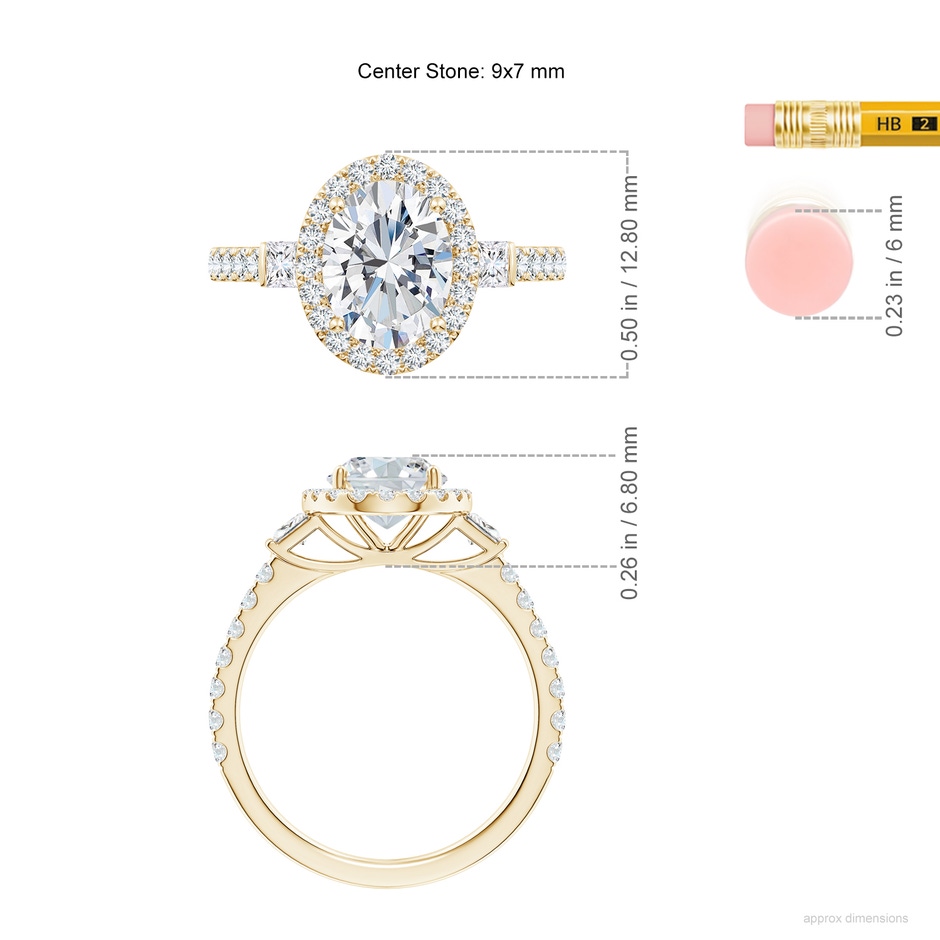 9x7mm FGVS Lab-Grown Oval Diamond Side Stone Halo Engagement Ring in Yellow Gold ruler