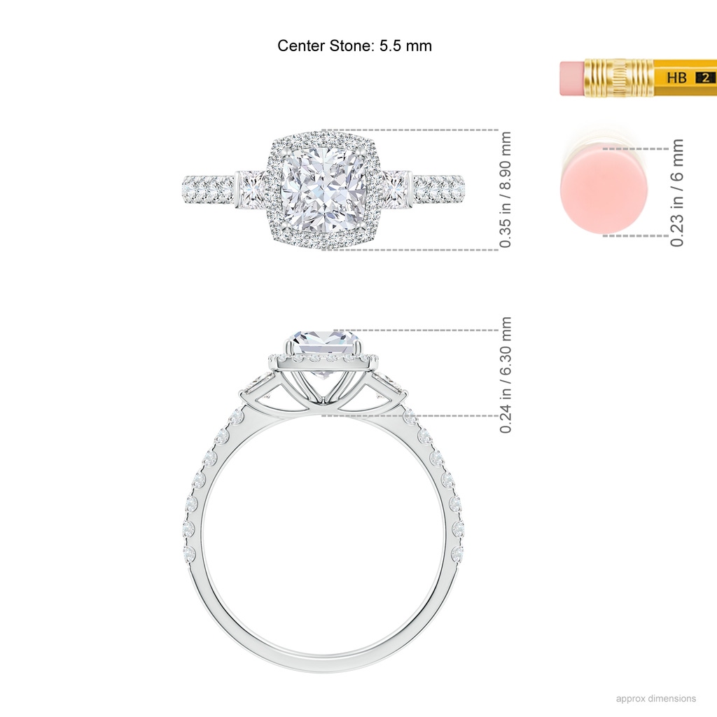 5.5mm FGVS Lab-Grown Cushion Diamond Side Stone Halo Engagement Ring in White Gold ruler