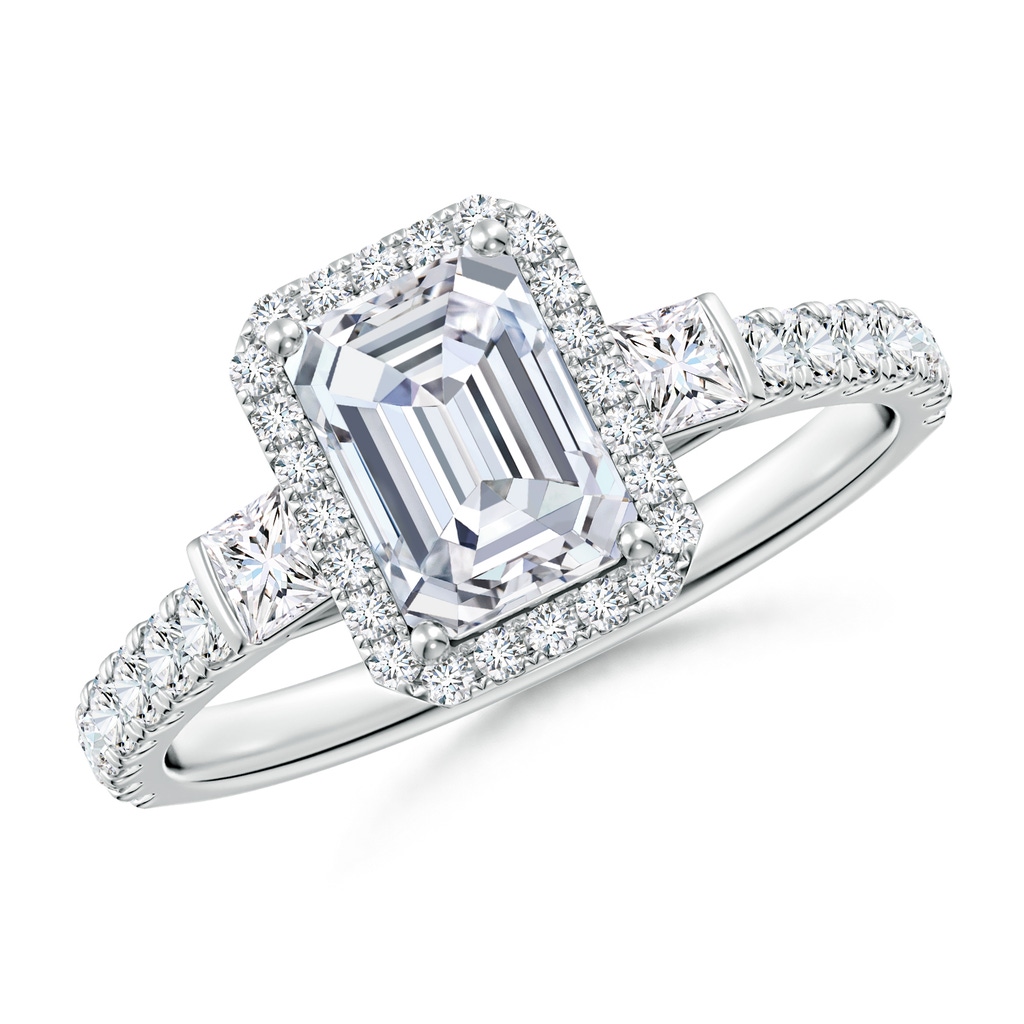 7x5mm FGVS Lab-Grown Emerald-Cut Diamond Side Stone Halo Engagement Ring in White Gold