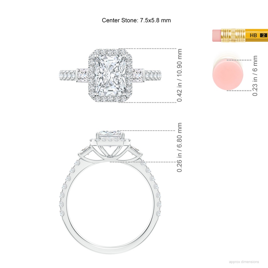 7.5x5.8mm FGVS Lab-Grown Radiant-Cut Diamond Side Stone Halo Engagement Ring in White Gold ruler