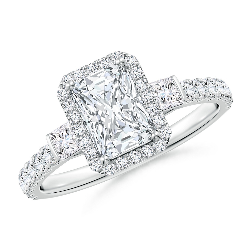 7x5mm FGVS Lab-Grown Radiant-Cut Diamond Side Stone Halo Engagement Ring in White Gold