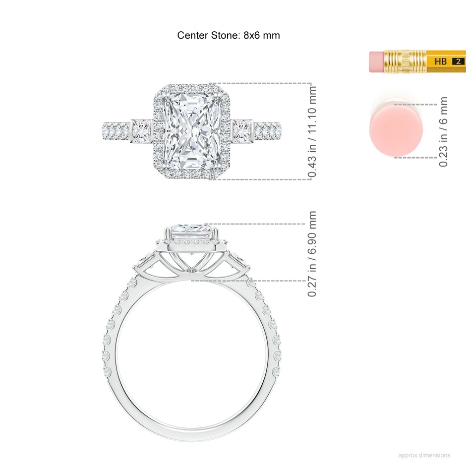 8x6mm FGVS Lab-Grown Radiant-Cut Diamond Side Stone Halo Engagement Ring in P950 Platinum ruler