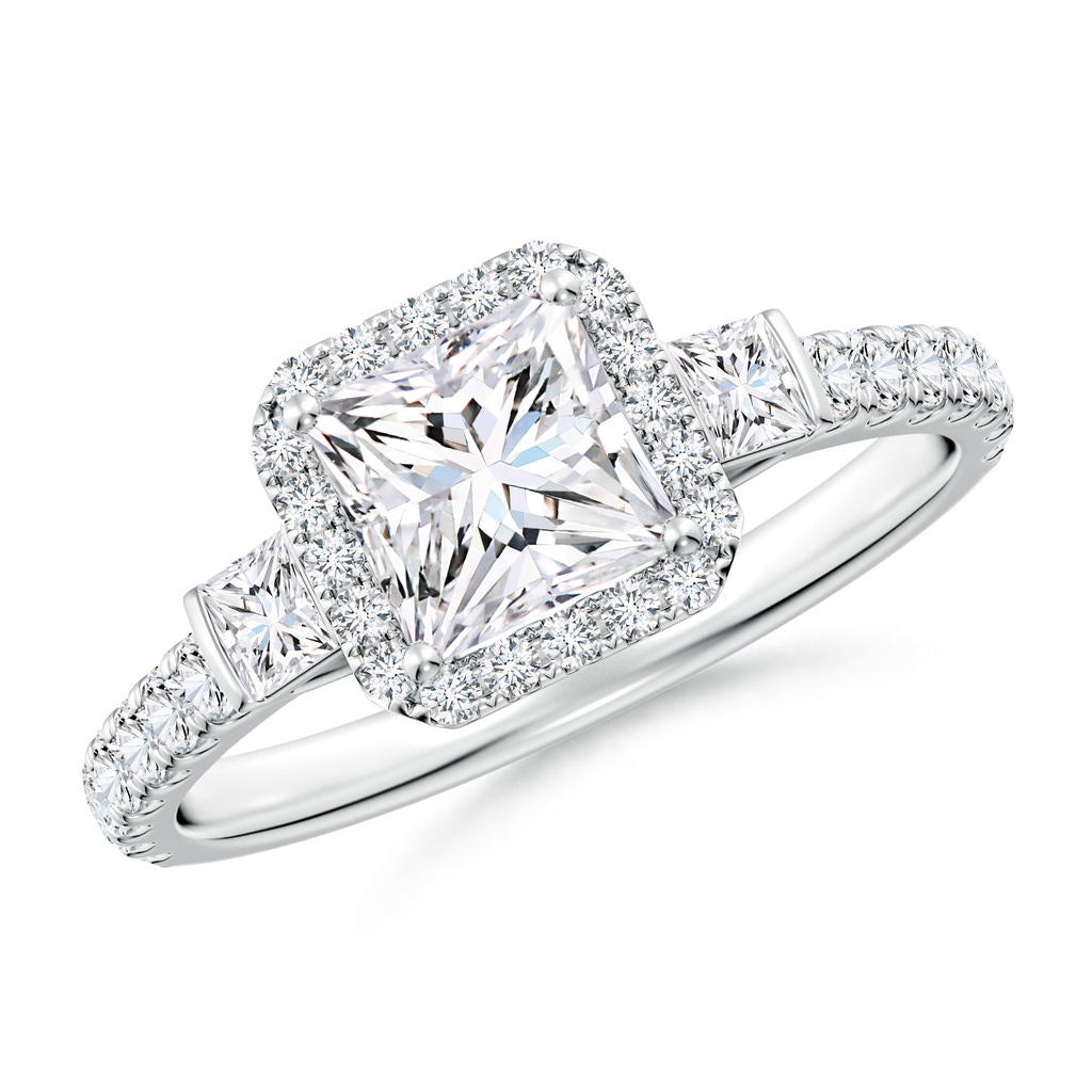 5.5mm FGVS Lab-Grown Princess-Cut Diamond Side Stone Halo Engagement Ring in White Gold