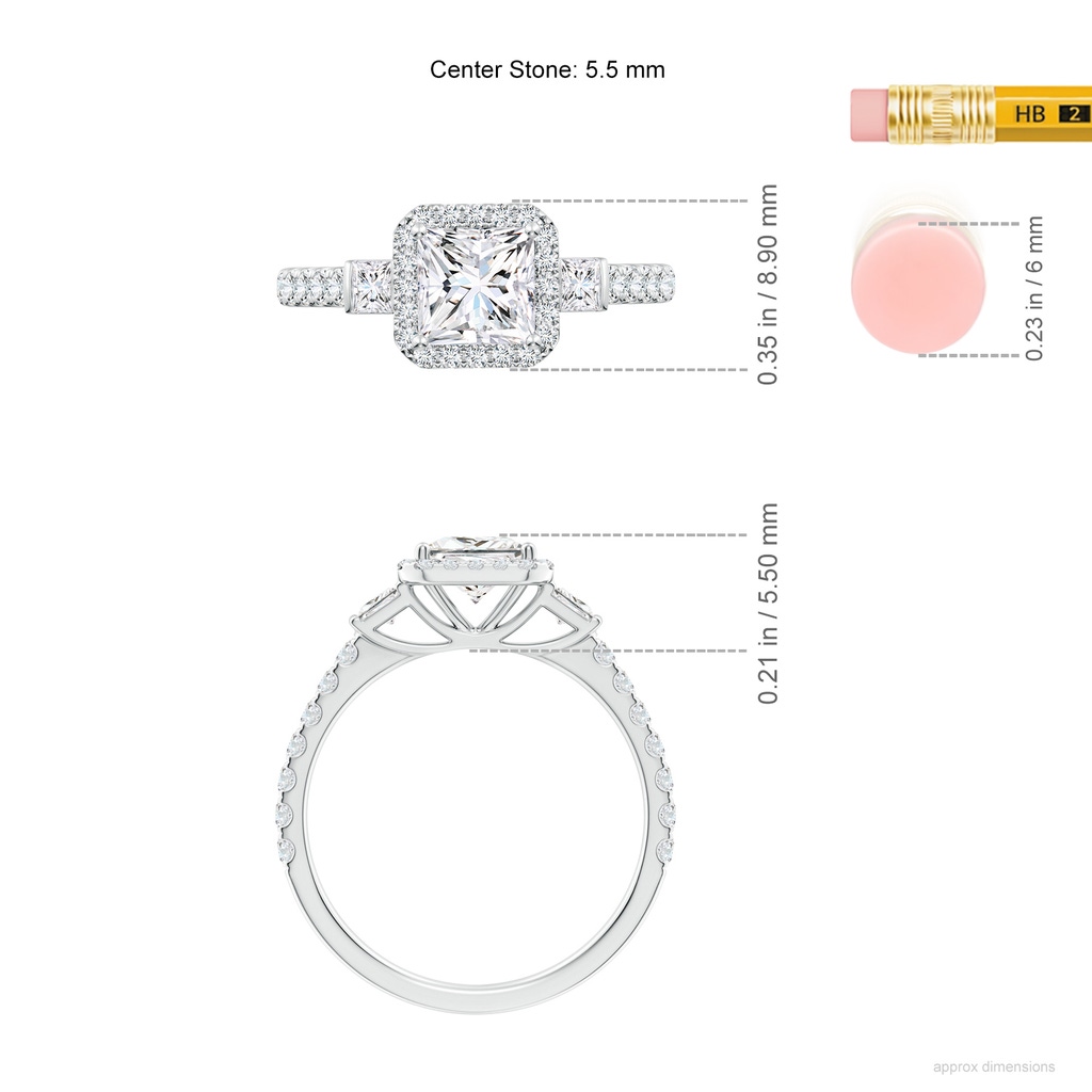 5.5mm FGVS Lab-Grown Princess-Cut Diamond Side Stone Halo Engagement Ring in White Gold ruler