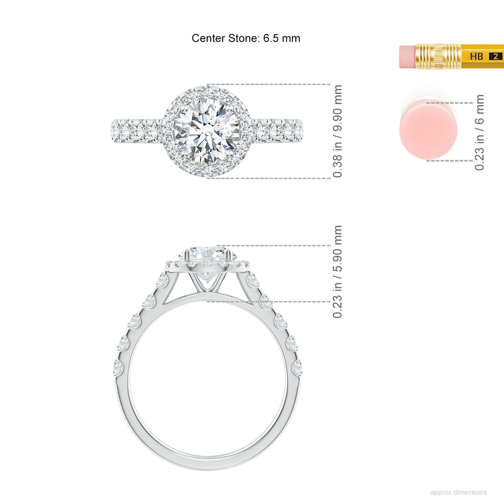 6.5mm FGVS Lab-Grown Round Diamond Halo Engagement Ring in White Gold ruler