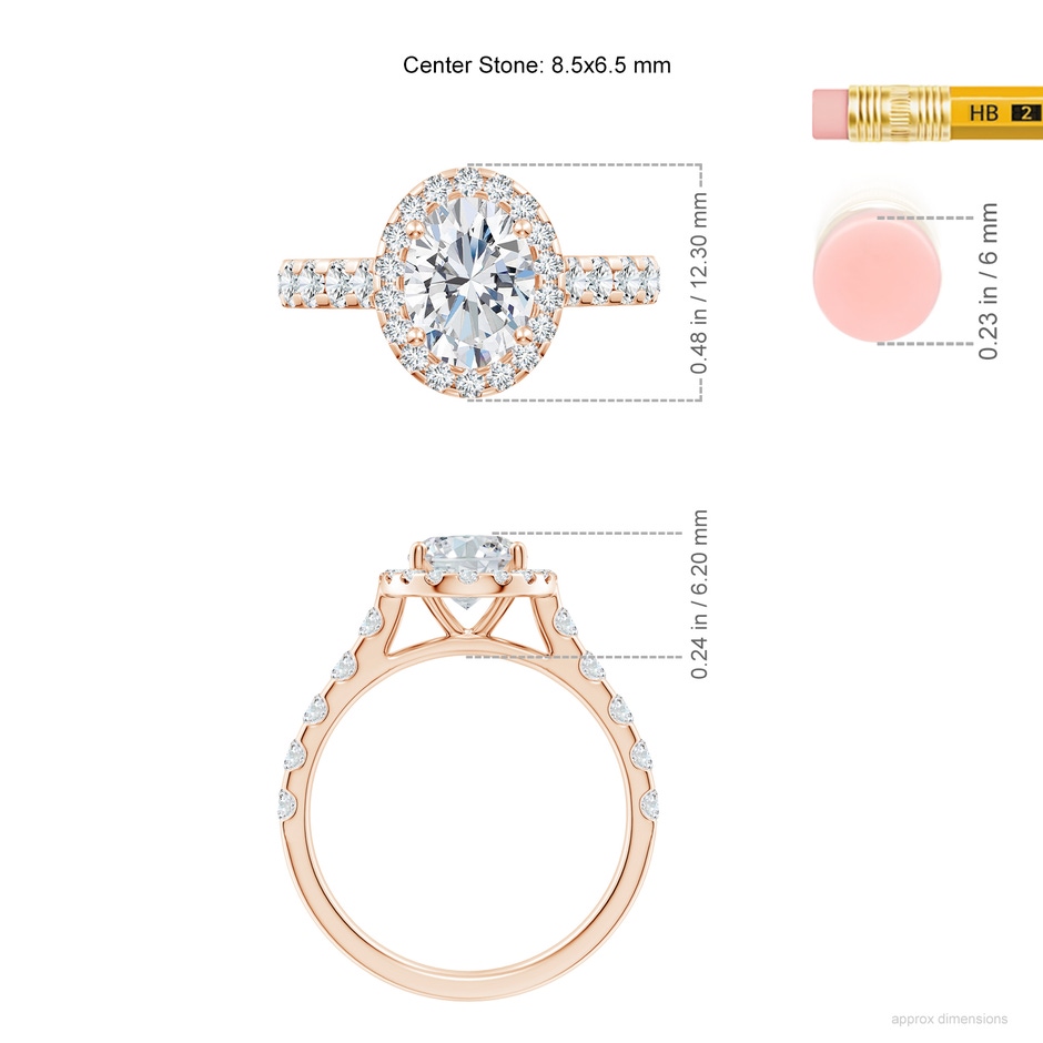 8.5x6.5mm FGVS Lab-Grown Oval Diamond Halo Engagement Ring in 18K Rose Gold ruler