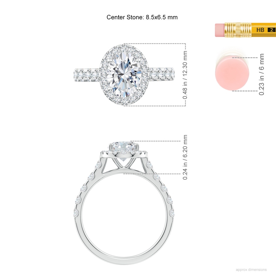 8.5x6.5mm FGVS Lab-Grown Oval Diamond Halo Engagement Ring in P950 Platinum ruler