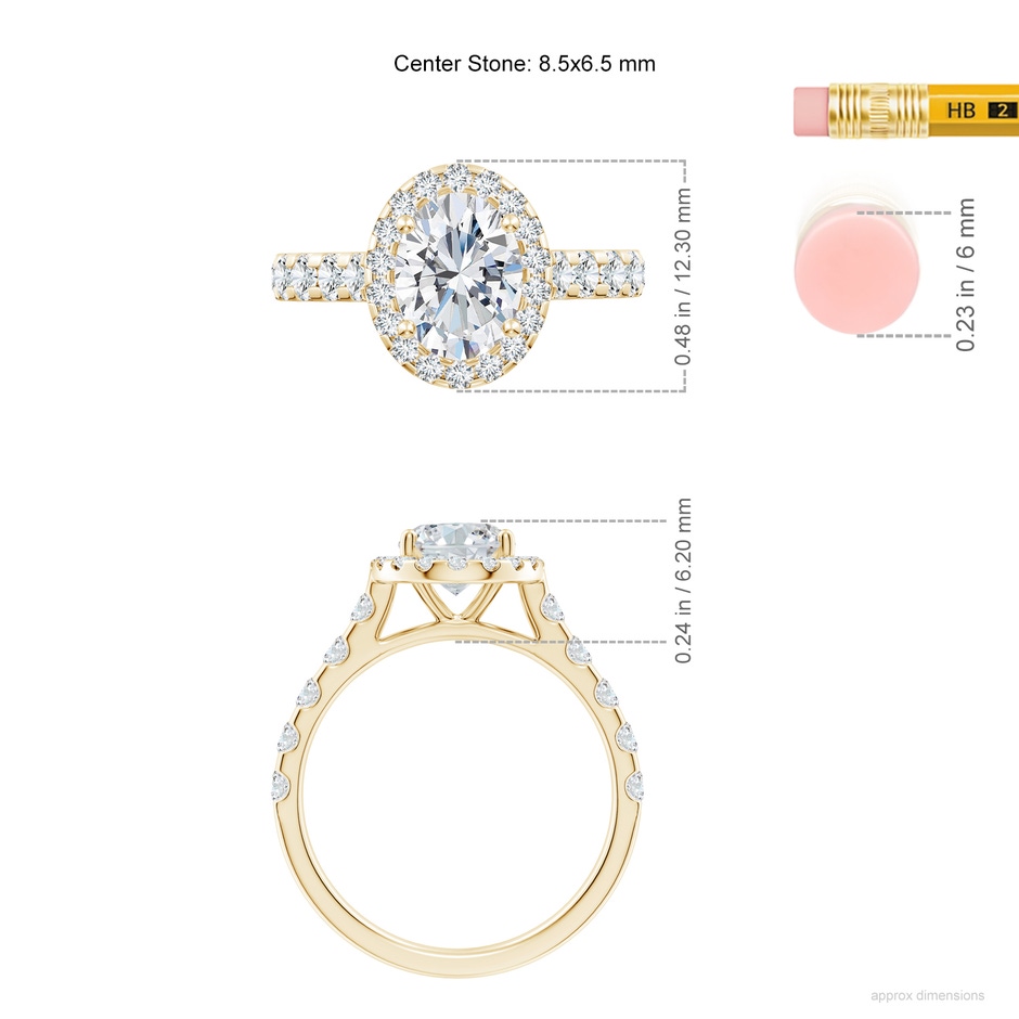 8.5x6.5mm FGVS Lab-Grown Oval Diamond Halo Engagement Ring in Yellow Gold ruler