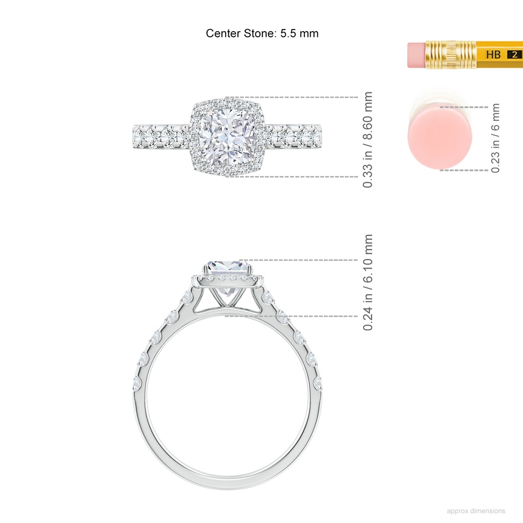 5.5mm FGVS Lab-Grown Cushion Diamond Halo Engagement Ring in White Gold ruler