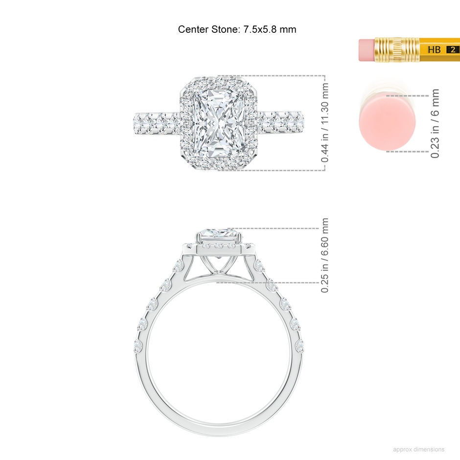 7.5x5.8mm FGVS Lab-Grown Radiant-Cut Diamond Halo Engagement Ring in White Gold ruler