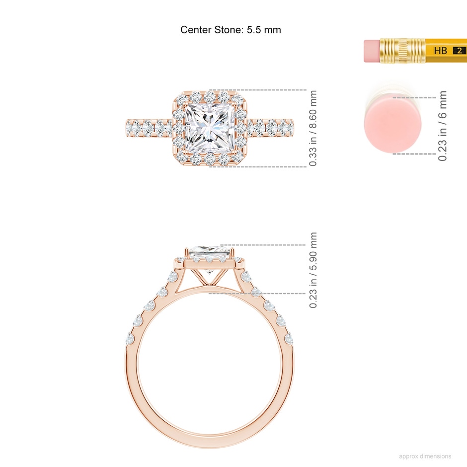 5.5mm FGVS Lab-Grown Princess-Cut Diamond Halo Engagement Ring in Rose Gold ruler