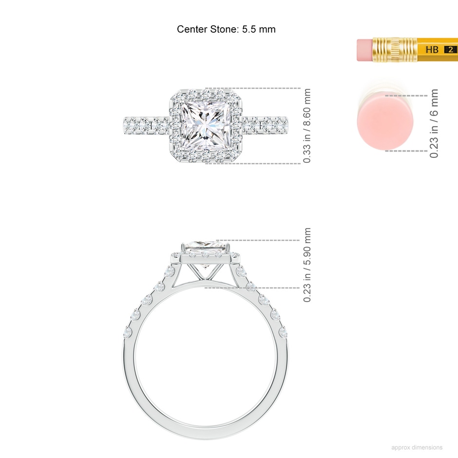 5.5mm FGVS Lab-Grown Princess-Cut Diamond Halo Engagement Ring in White Gold ruler