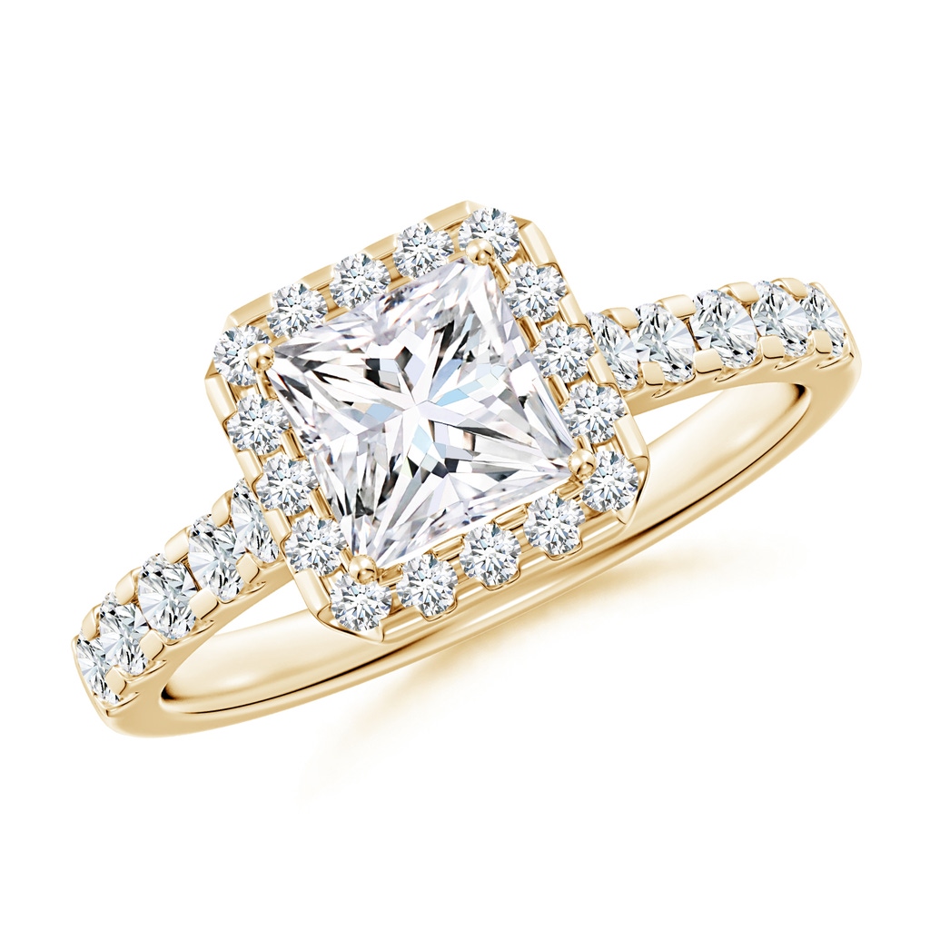 5.5mm FGVS Lab-Grown Princess-Cut Diamond Halo Engagement Ring in Yellow Gold