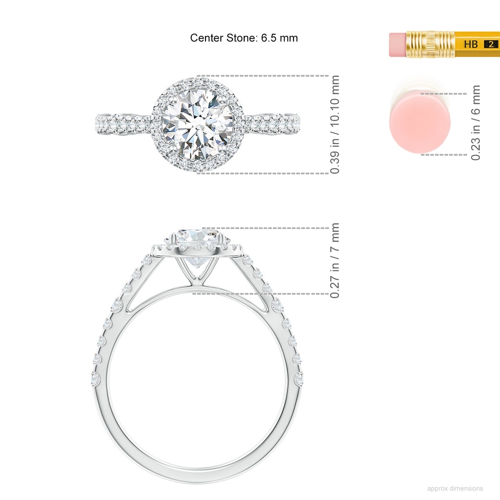 6.5mm FGVS Lab-Grown Round Diamond Station Halo Engagement Ring in White Gold ruler