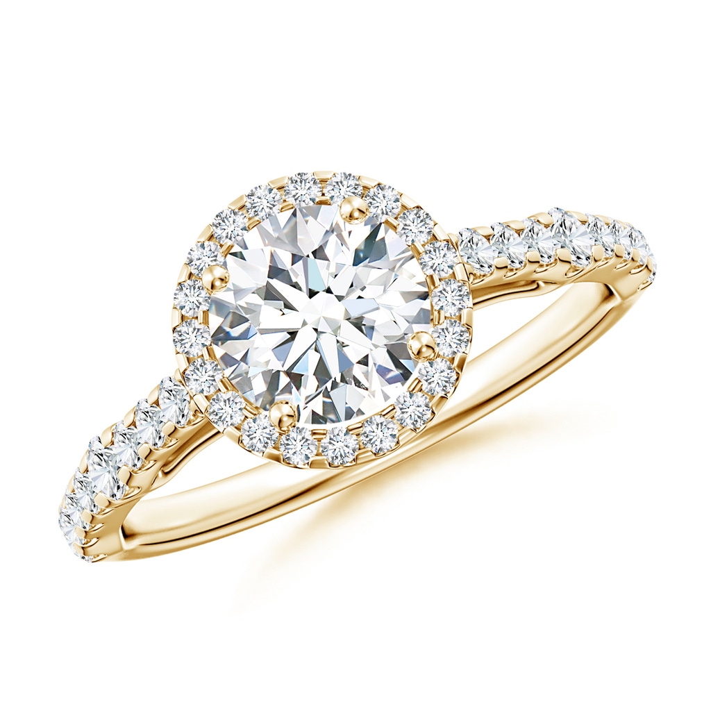 6.5mm FGVS Lab-Grown Round Diamond Station Halo Engagement Ring in Yellow Gold