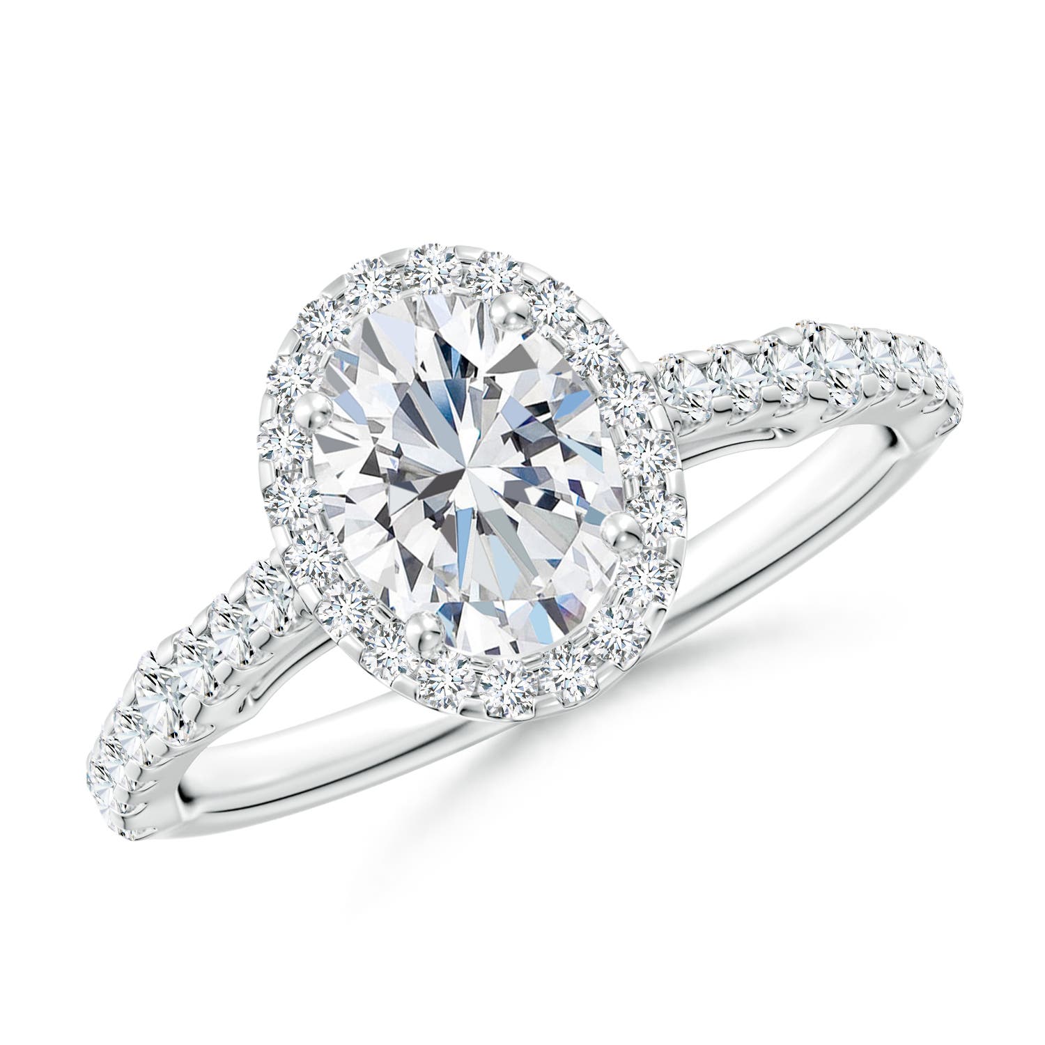 7.7x5.7mm FGVS Lab-Grown Oval Diamond Station Halo Engagement Ring in 18K White Gold