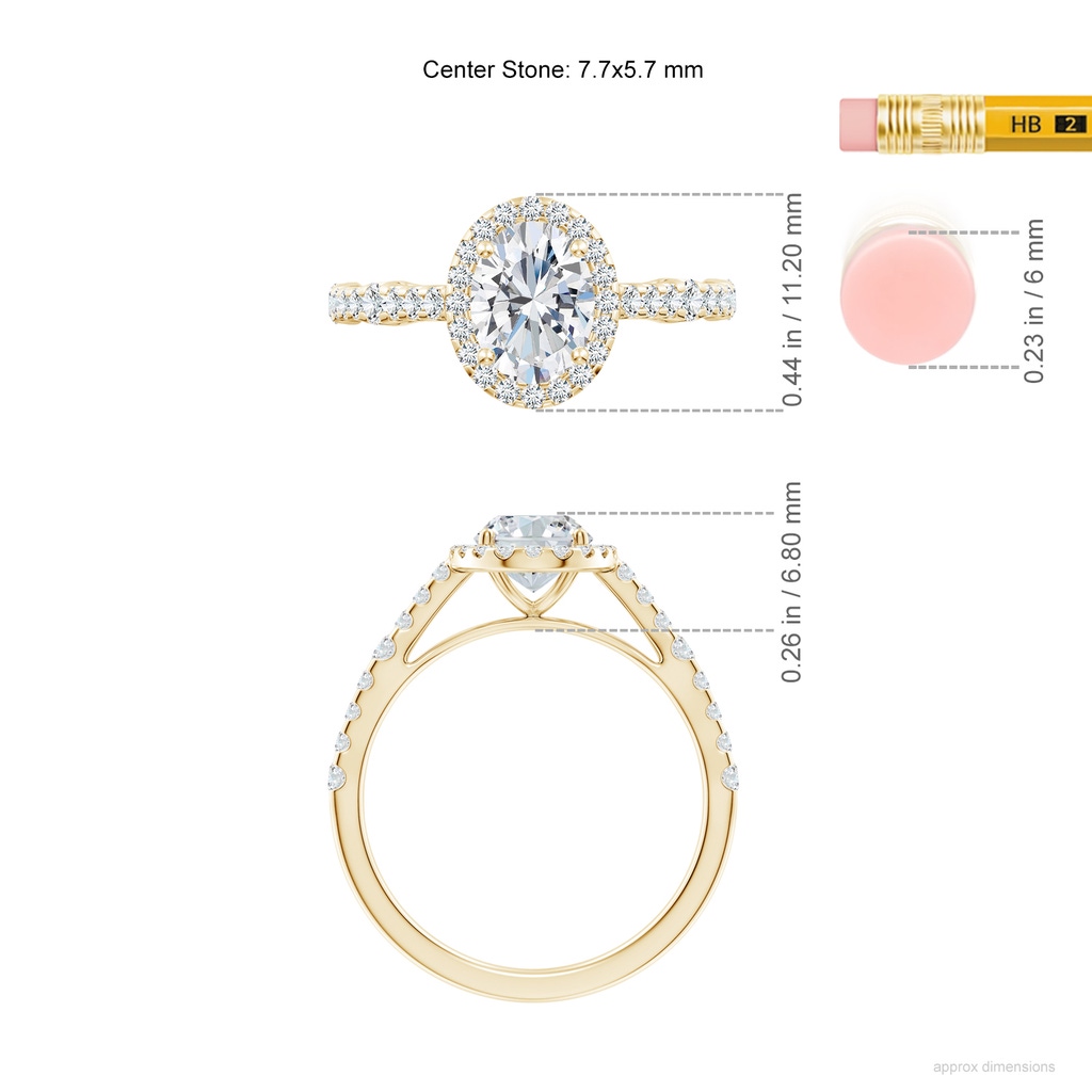 7.7x5.7mm FGVS Lab-Grown Oval Diamond Station Halo Engagement Ring in Yellow Gold ruler