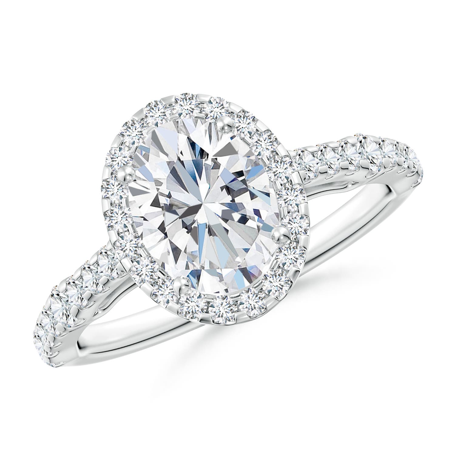 8.5x6.5mm FGVS Lab-Grown Oval Diamond Station Halo Engagement Ring in 18K White Gold