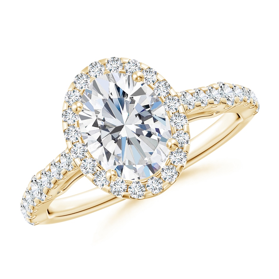 8.5x6.5mm FGVS Lab-Grown Oval Diamond Station Halo Engagement Ring in Yellow Gold 