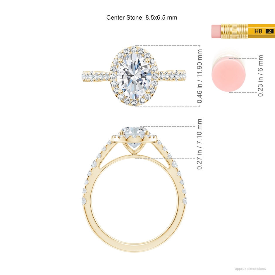 8.5x6.5mm FGVS Lab-Grown Oval Diamond Station Halo Engagement Ring in Yellow Gold ruler
