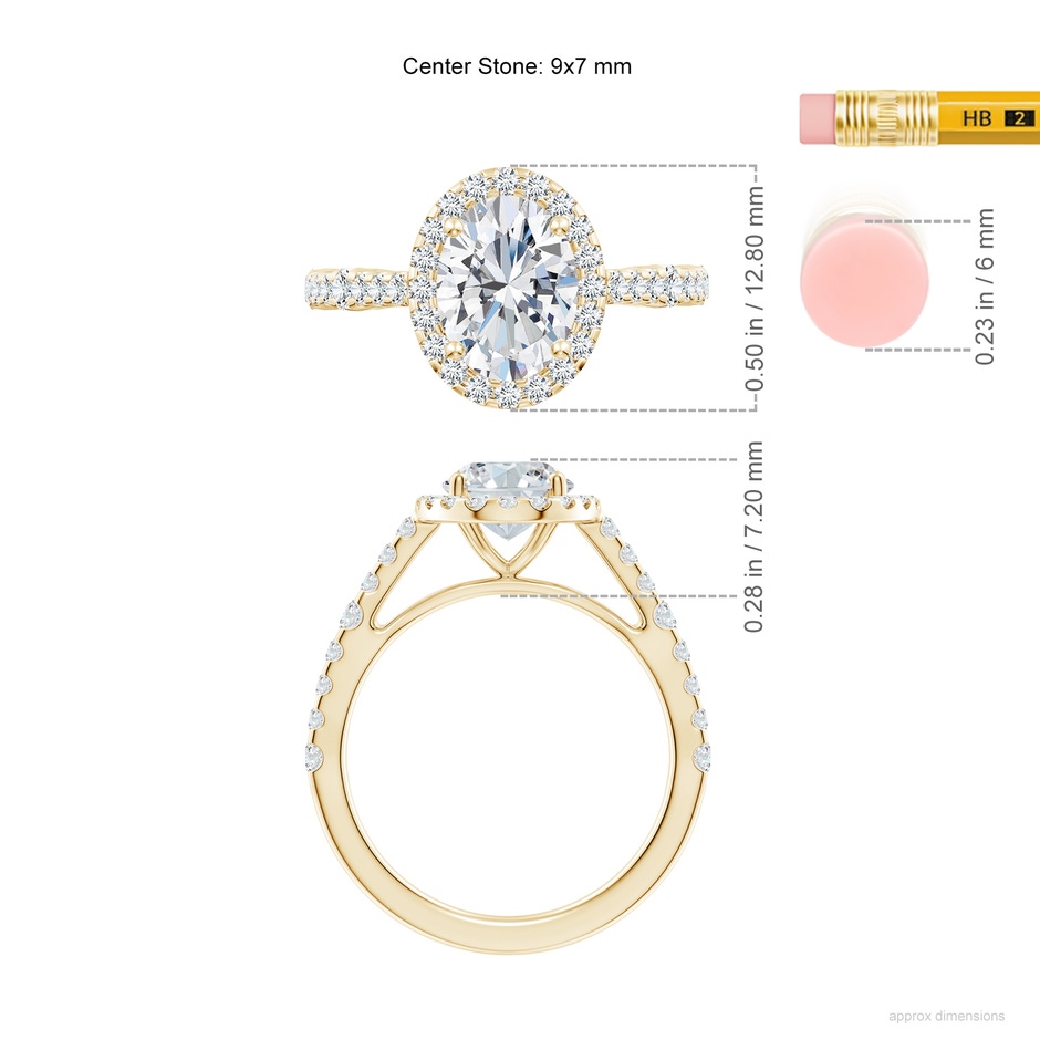 9x7mm FGVS Lab-Grown Oval Diamond Station Halo Engagement Ring in 18K Yellow Gold ruler