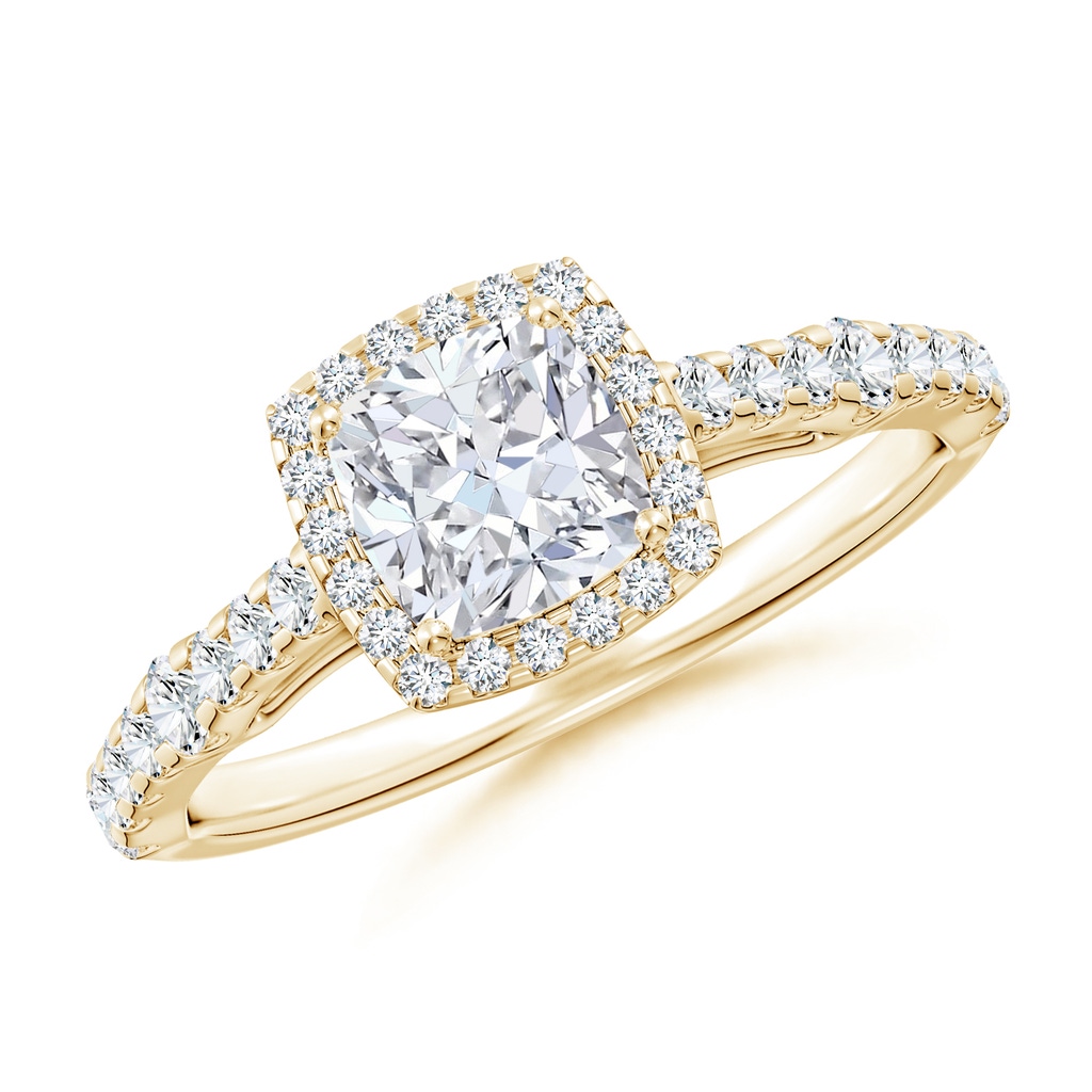 5.5mm FGVS Lab-Grown Cushion Diamond Station Halo Engagement Ring in Yellow Gold