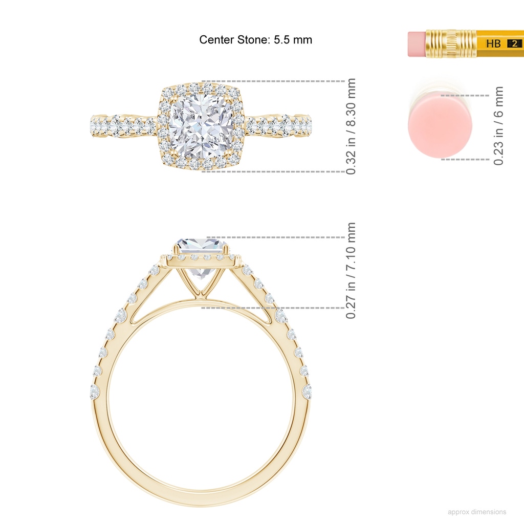 5.5mm FGVS Lab-Grown Cushion Diamond Station Halo Engagement Ring in Yellow Gold ruler