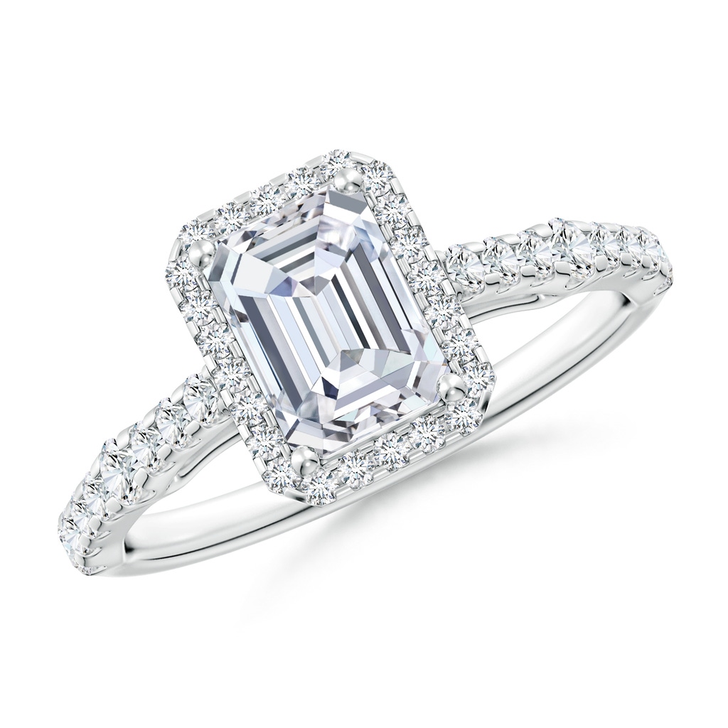 7x5mm FGVS Lab-Grown Emerald-Cut Diamond Station Halo Engagement Ring in White Gold