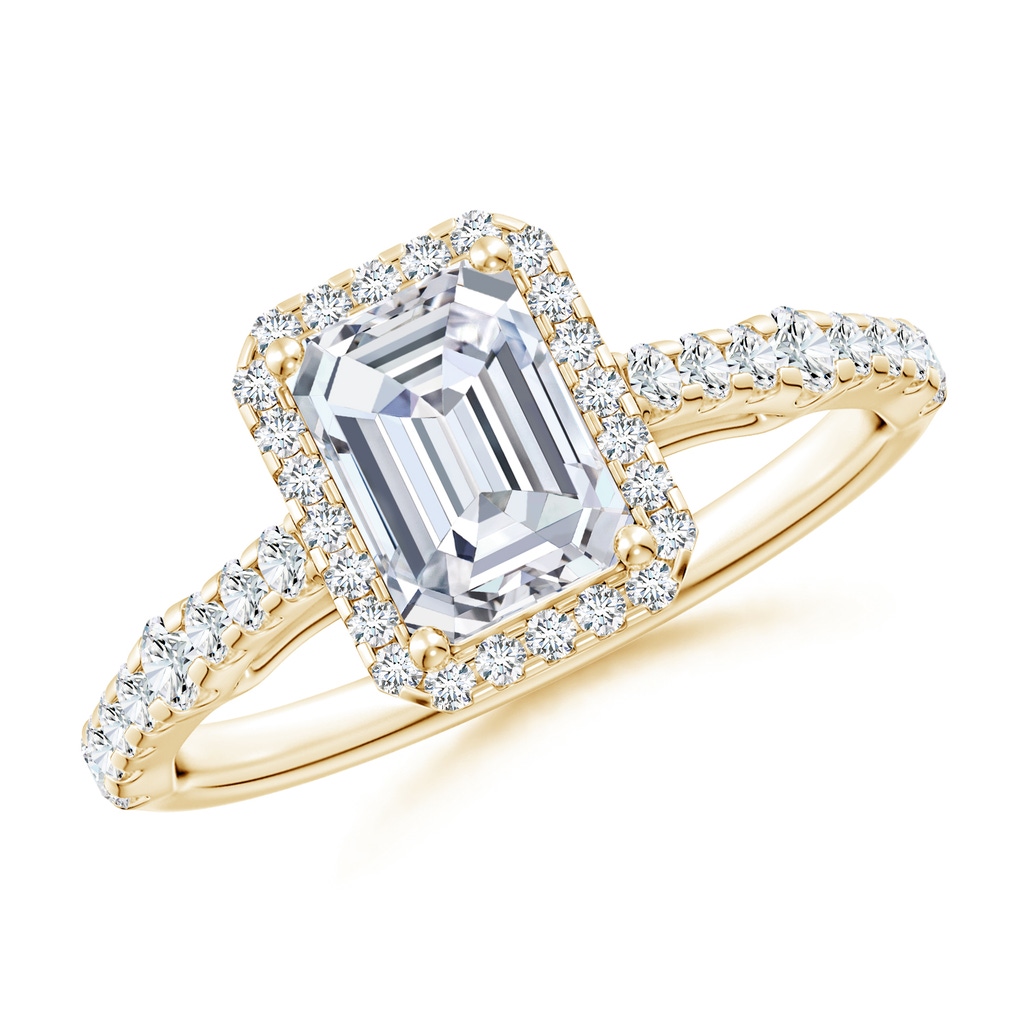 7x5mm FGVS Lab-Grown Emerald-Cut Diamond Station Halo Engagement Ring in Yellow Gold