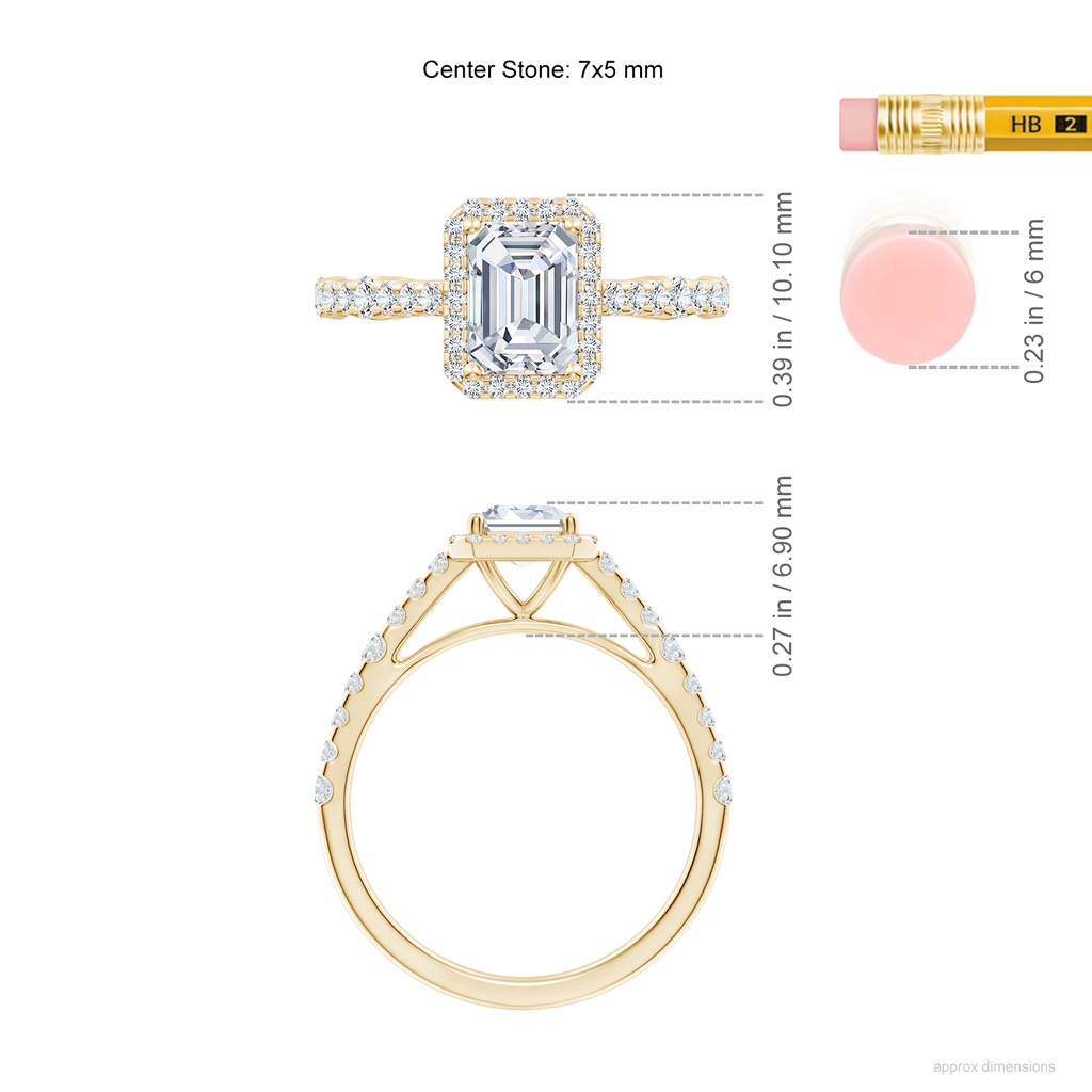 7x5mm FGVS Lab-Grown Emerald-Cut Diamond Station Halo Engagement Ring in Yellow Gold ruler