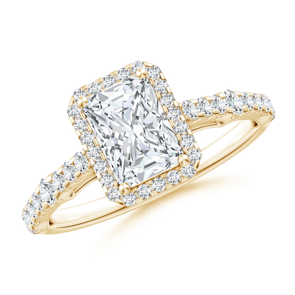 7x5mm FGVS Lab-Grown Radiant-Cut Diamond Station Halo Engagement Ring in Yellow Gold 