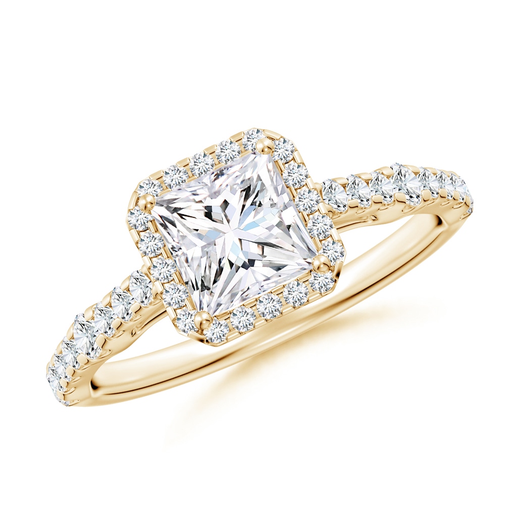 5.5mm FGVS Lab-Grown Princess-Cut Diamond Station Halo Engagement Ring in Yellow Gold