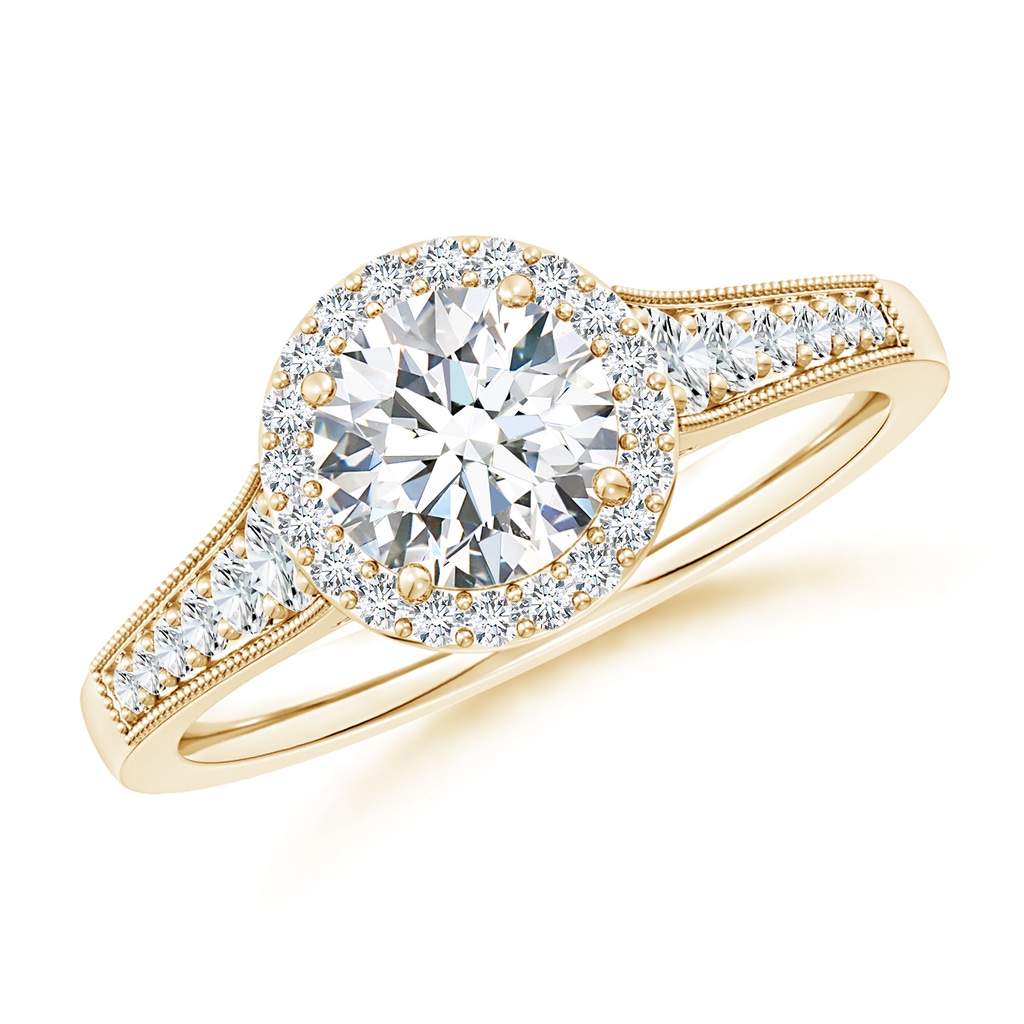 6.5mm FGVS Lab-Grown Round Diamond Halo Engagement Ring with Milgrain in Yellow Gold