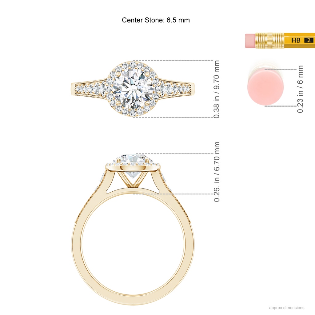 6.5mm FGVS Lab-Grown Round Diamond Halo Engagement Ring with Milgrain in Yellow Gold ruler