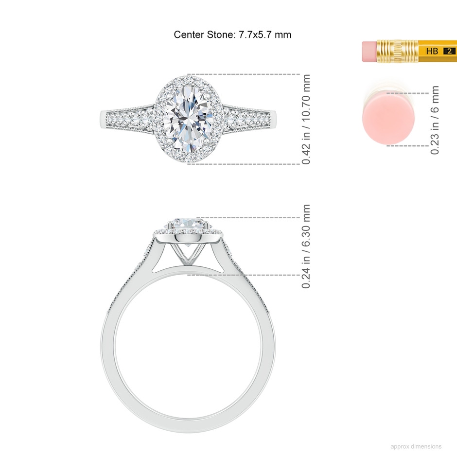7.7x5.7mm FGVS Lab-Grown Oval Diamond Halo Engagement Ring with Milgrain in White Gold ruler