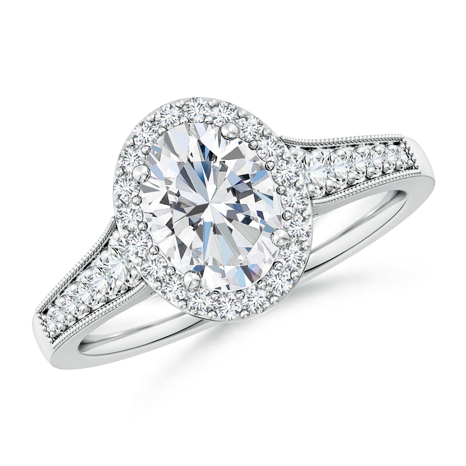 8.5x6.5mm FGVS Lab-Grown Oval Diamond Halo Engagement Ring with Milgrain in 18K White Gold