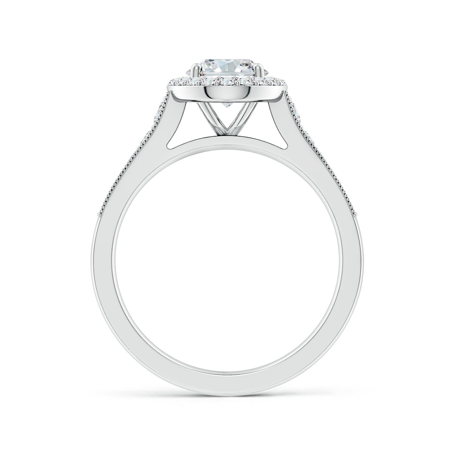8.5x6.5mm FGVS Lab-Grown Oval Diamond Halo Engagement Ring with Milgrain in 18K White Gold