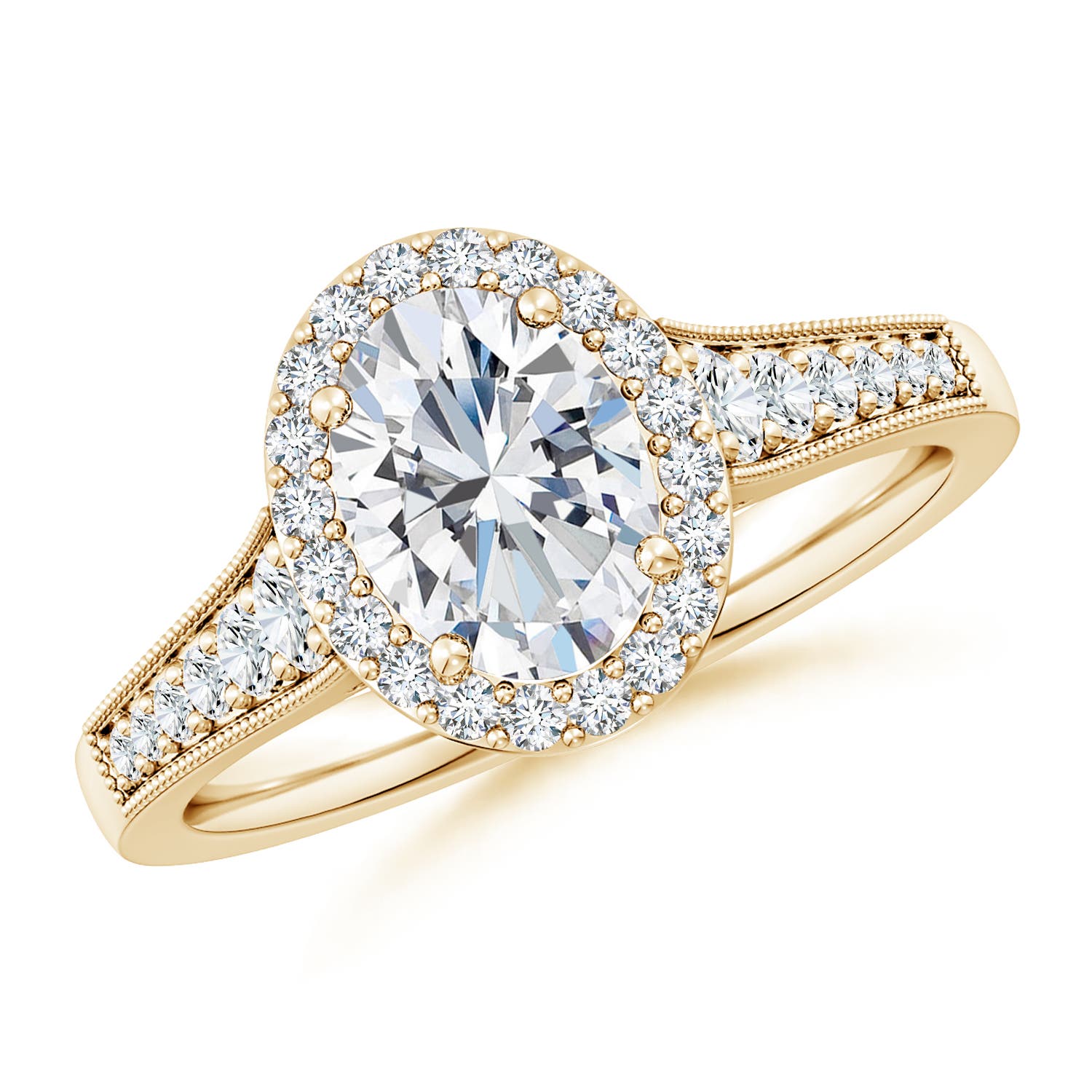 8.5x6.5mm FGVS Lab-Grown Oval Diamond Halo Engagement Ring with Milgrain in 18K Yellow Gold