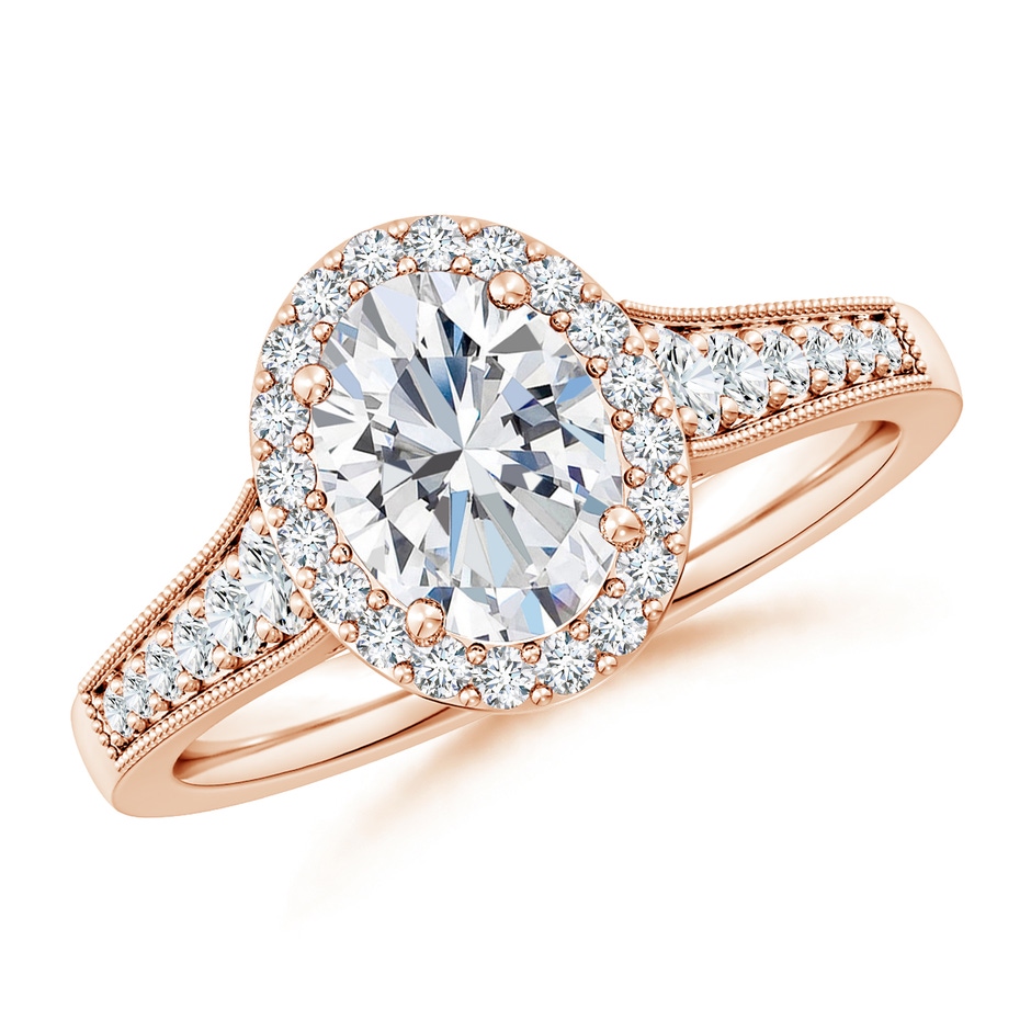 8.5x6.5mm FGVS Lab-Grown Oval Diamond Halo Engagement Ring with Milgrain in Rose Gold 