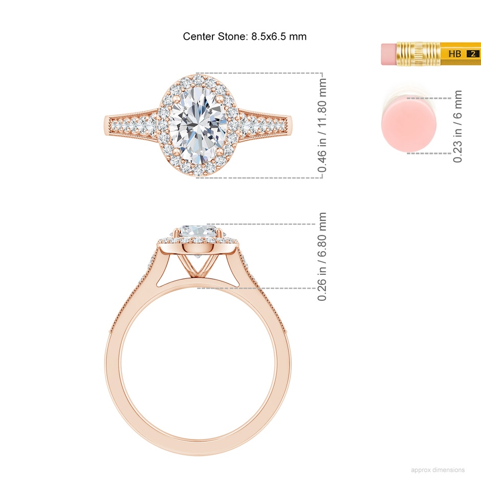 8.5x6.5mm FGVS Lab-Grown Oval Diamond Halo Engagement Ring with Milgrain in Rose Gold ruler
