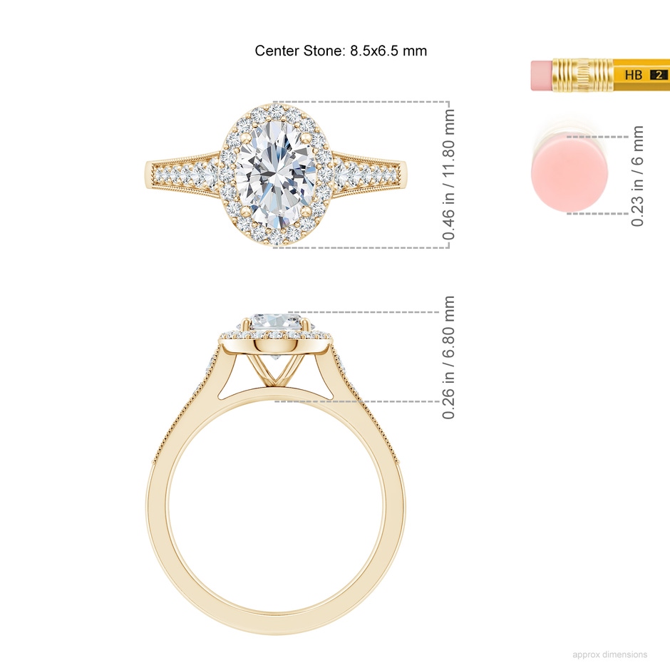 8.5x6.5mm FGVS Lab-Grown Oval Diamond Halo Engagement Ring with Milgrain in Yellow Gold ruler
