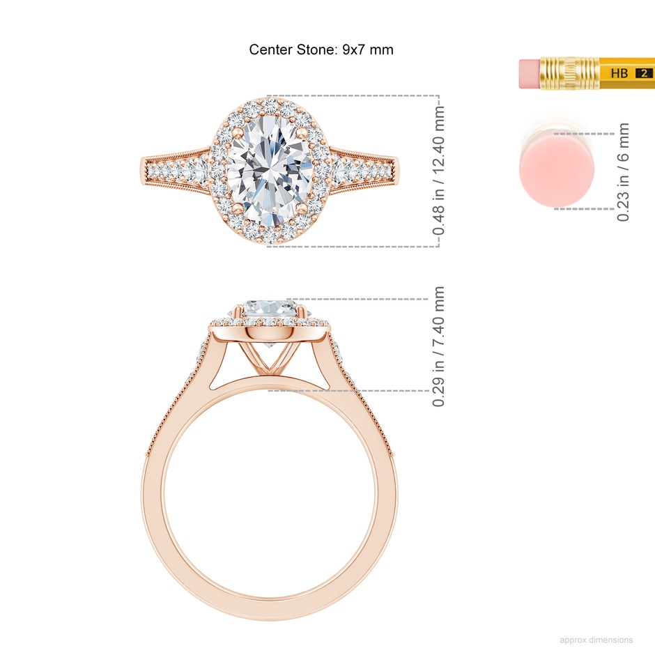 9x7mm FGVS Lab-Grown Oval Diamond Halo Engagement Ring with Milgrain in 18K Rose Gold ruler